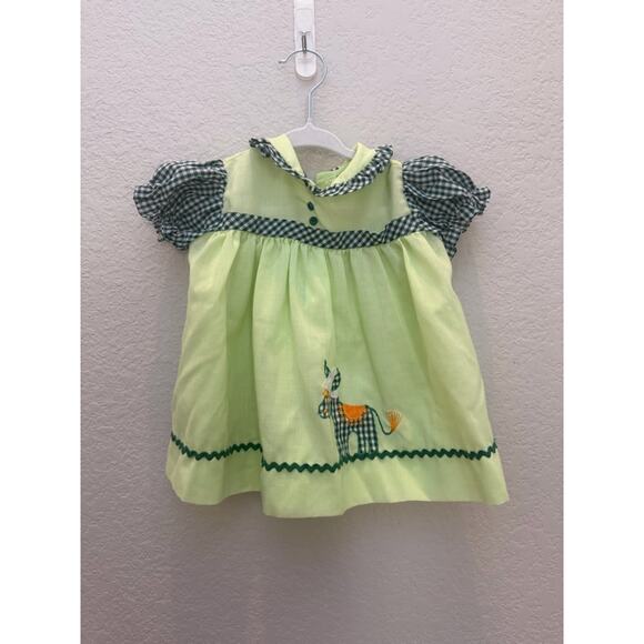 Handmade Other - Vintage Baby Dress 3 to 6 Months Green Gingham Puff Sleeve Smocked Donkey Patch